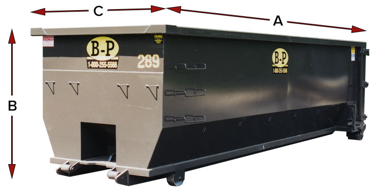 Diagram showing the measurements of a standard dumpster from dumpster rental company B-P Trucking, Inc. in Ashland, MA