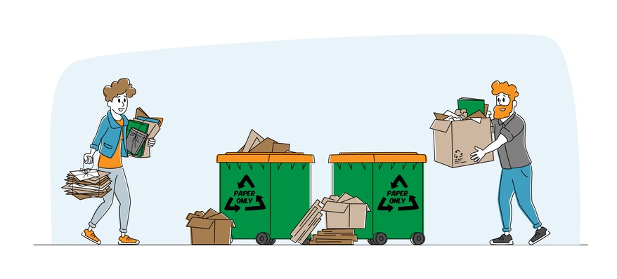 An illustration of people recycling paper into bins shows organized waste handling for any project.